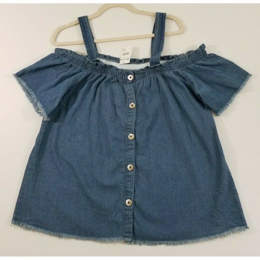 New Look Blouse Women's Large L Blue Chambray Cold Shoulder Button Up Top Cotton